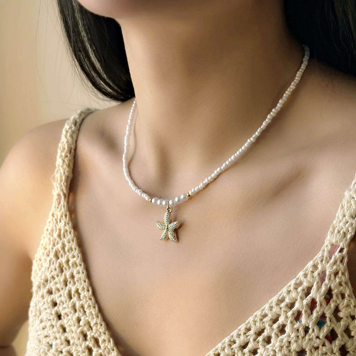 CowLost | bohemian-rice-beads-starfish-pendant-necklace-for-women-handmade-imitation-pearl-colorful-beaded-choker-summer-beach-jewelry |10