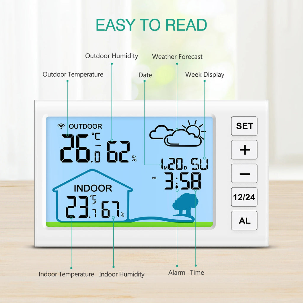 ORIA Wireless Digital Outdoor Thermometer Indoor Hygrometer Temperature Humidity Monitor with Clock