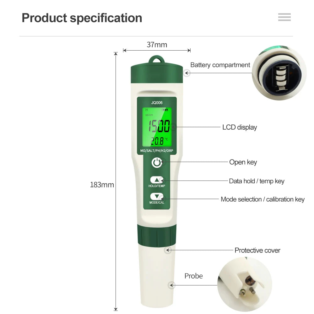 JUANJUAN 10-in-1 Handheld LCD PH TDS EC SALT TEMP S.G ORP Water Quality Tester for Aquarium Pool