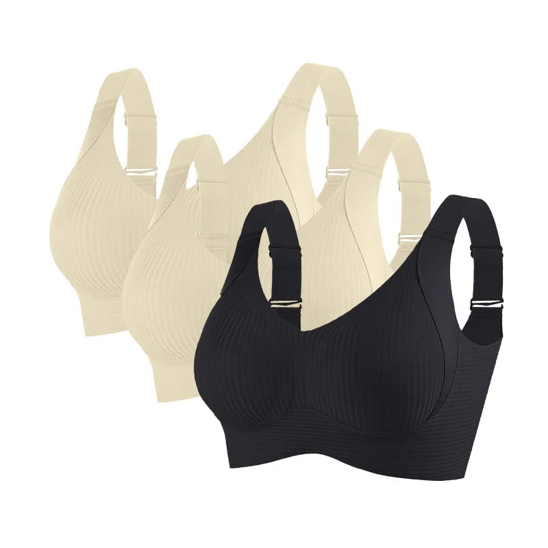 CowLost | product_id-3pcs-womens-plus-size-seamless-v-neck-push-up-wire-free-ribbed-bralette-m-4xl |16