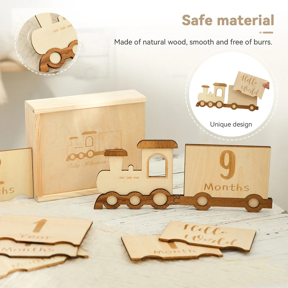 CowLost | baby-transport-accessories-wooden-baby-growth-milestone-cards-1-12-months-with-train-box-photo-props |1