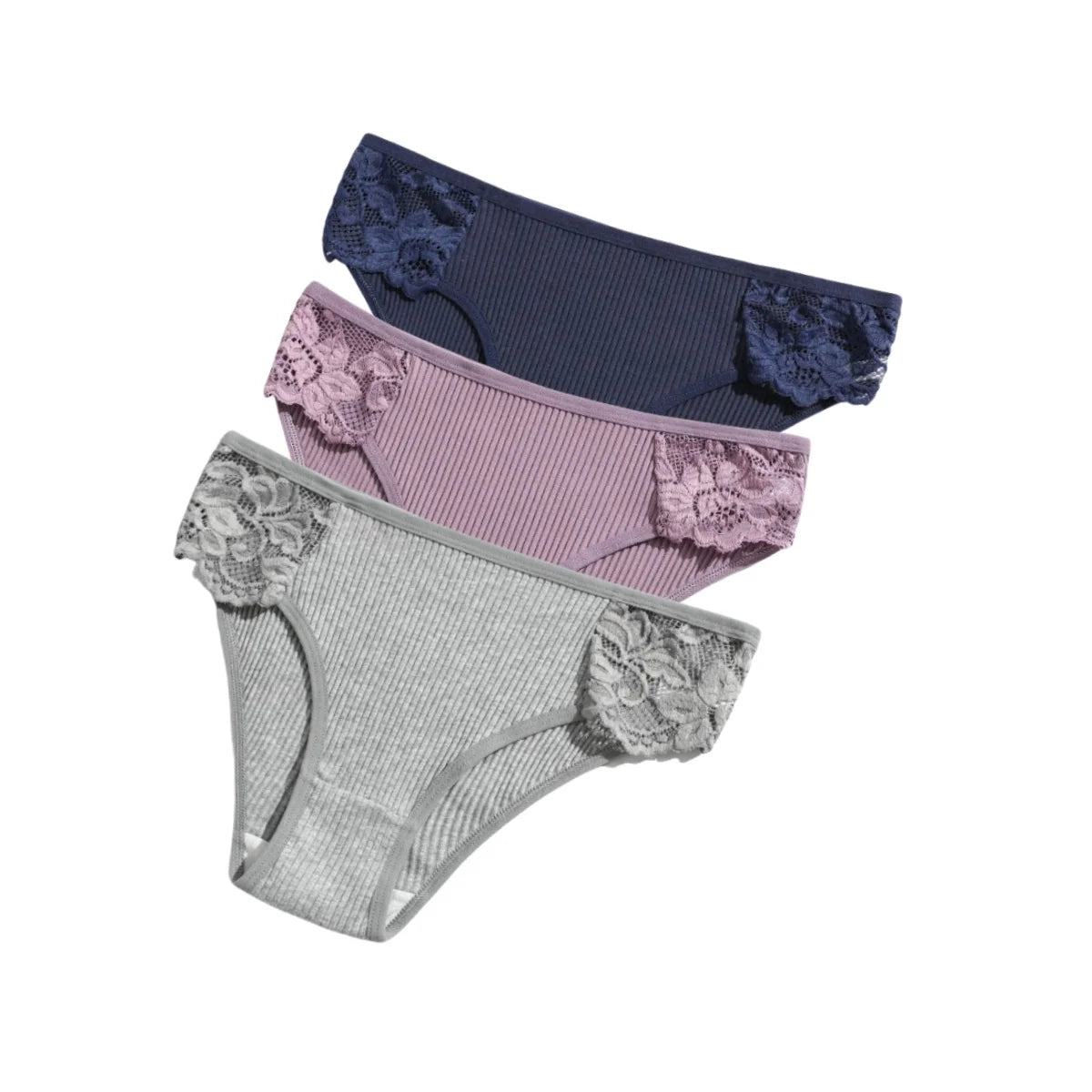 CowLost | product_id-3pcs-womens-cotton-lace-trim-low-rise-breathable-briefs-solid-panties |27