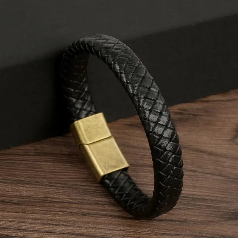 CowLost | badge-pass-holders-classic-mens-braided-leather-bracelet-with-magnetic-clasp |6