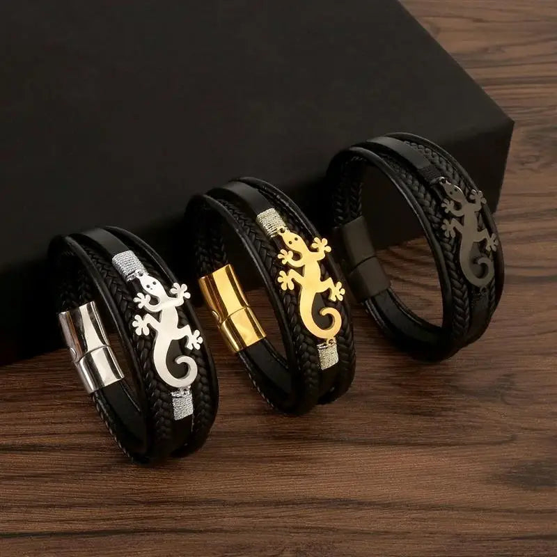 CowLost | jiayiqi-trendy-leather-cord-men-bracelet-metal-animal-gecko-pattern-bracelet |1