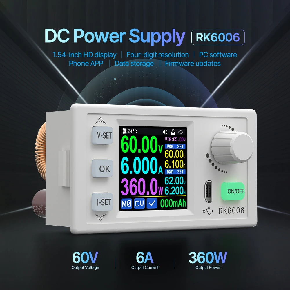 JUANJUAN RK6006-BT 4-Digit 60V 6A DC-DC Adjustable Buck Converter Power Supply