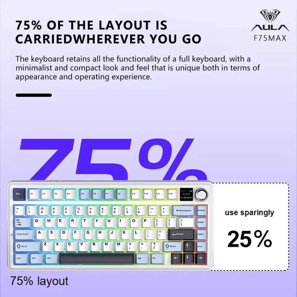 CowLost | aula-f75-max-wireless-mechanical-keyboard-with-tft-screen-knob-75-ansi-layout-wired-bluetooth-2-4g |6
