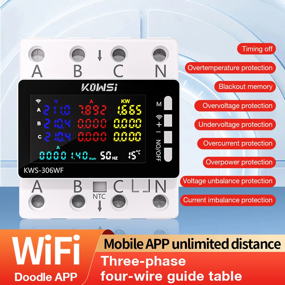 KWS-306WF Tuya WiFi 3-Phase 4-Wire Power Meter Energy Tester with Color LCD and Voltage Protection Relay Switch