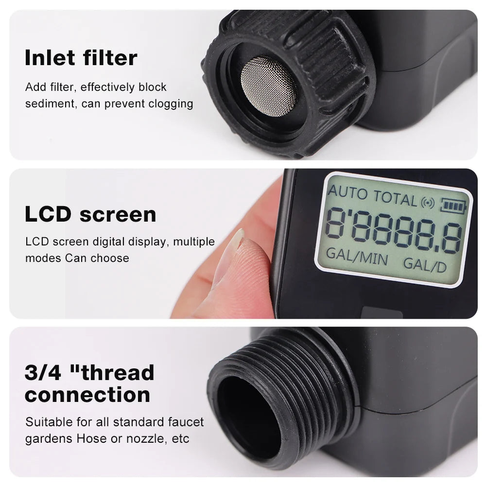 Waterproof 3/4" LCD Water Flow Meter for Irrigation Faucet Hose Sprinkler Outdoor Use