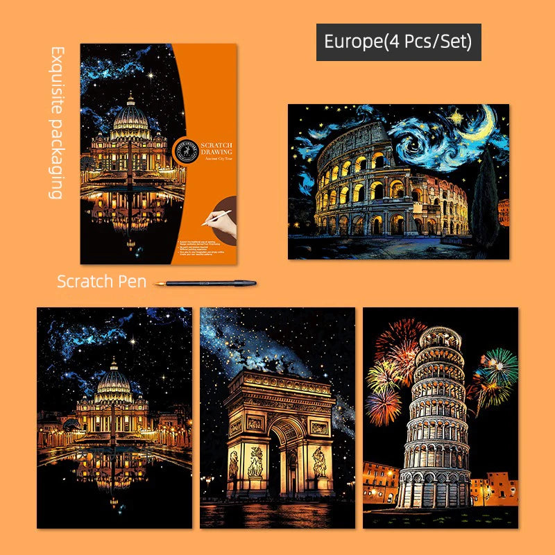 CowLost | product_id-4pcs-a3-diy-scratch-painting-set-colosseum-forbidden-city-cherry-blossom-castle-night-view |22