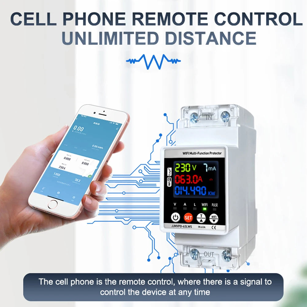Tuya WiFi Smart Power Meter 63A Energy Switch with Automatic Protector and Voltage Tester