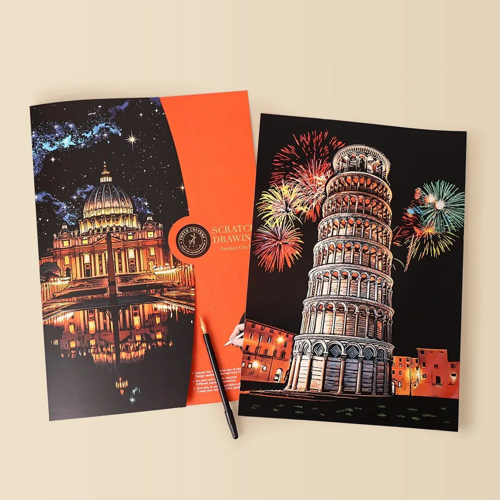 CowLost | product_id-4pcs-a3-diy-scratch-painting-set-colosseum-forbidden-city-cherry-blossom-castle-night-view |2