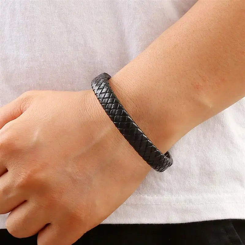 CowLost | badge-pass-holders-classic-mens-braided-leather-bracelet-with-magnetic-clasp |3