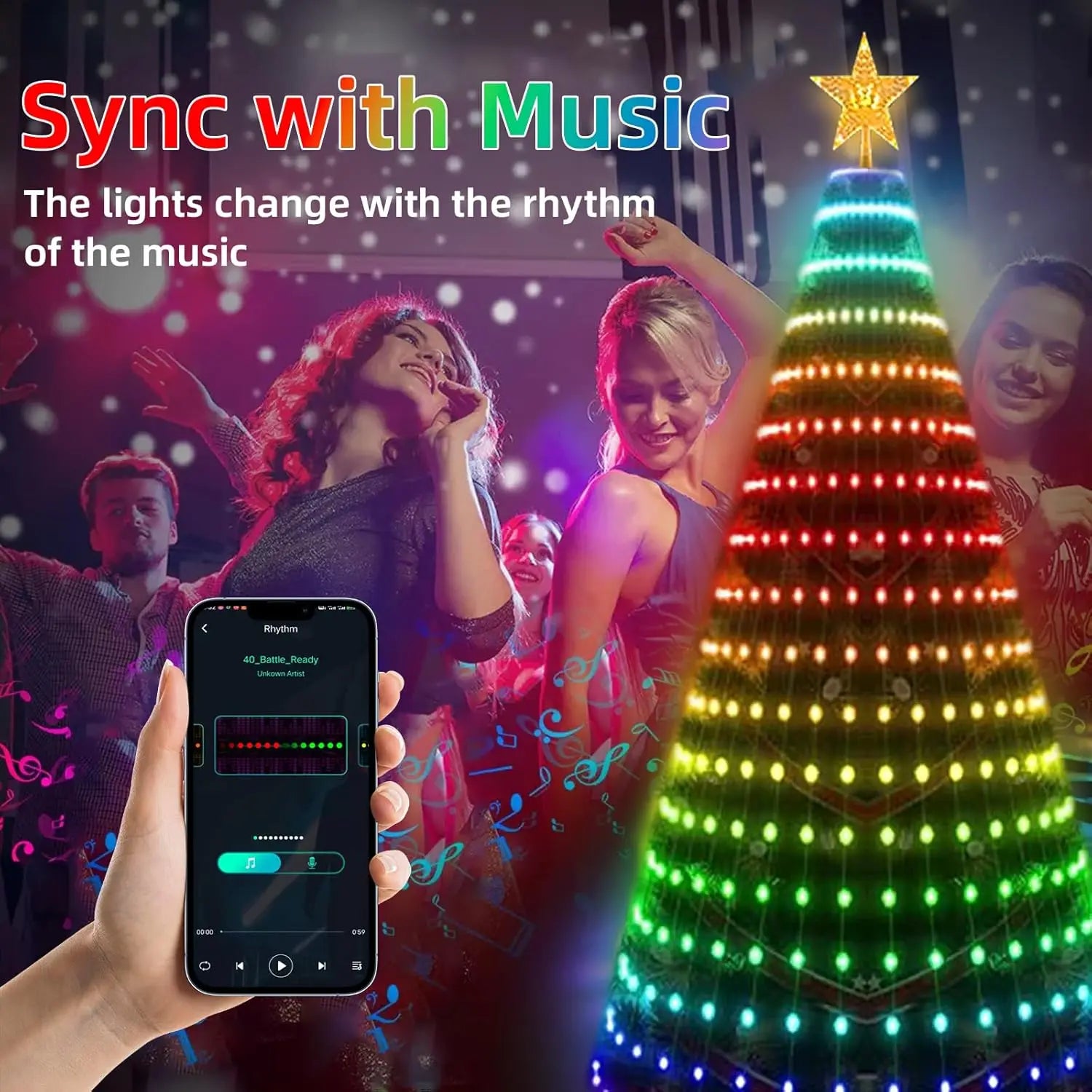 Smart Christmas Tree Lights with Star Topper, Music Sync, Remote & APP Control for Outdoor Yard Display
