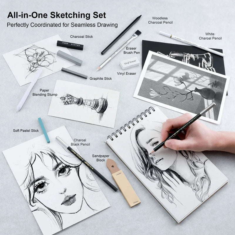 CowLost | product_id-kalour-108pcs-professional-sketching-pencil-set-with-charcoal-sticks-blending-tools-erasers |13