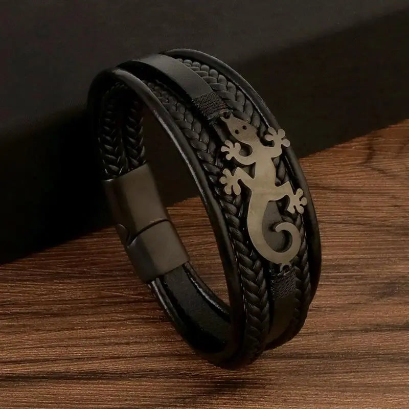 CowLost | jiayiqi-trendy-leather-cord-men-bracelet-metal-animal-gecko-pattern-bracelet |14