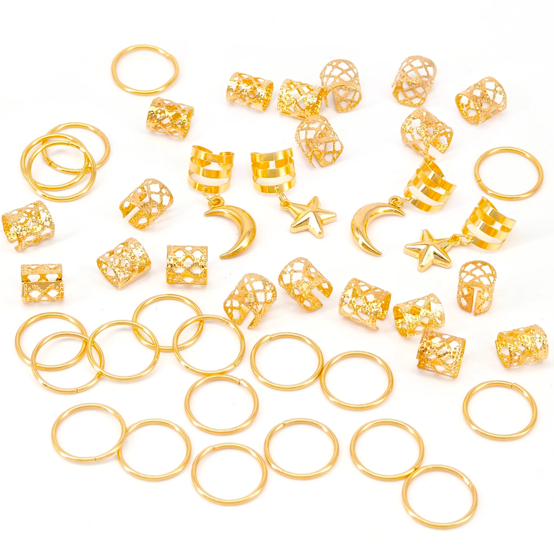 CowLost | 44pcs-stars-moon-combination-fashion-metal-cutout-dreadlock-hair-rings |8