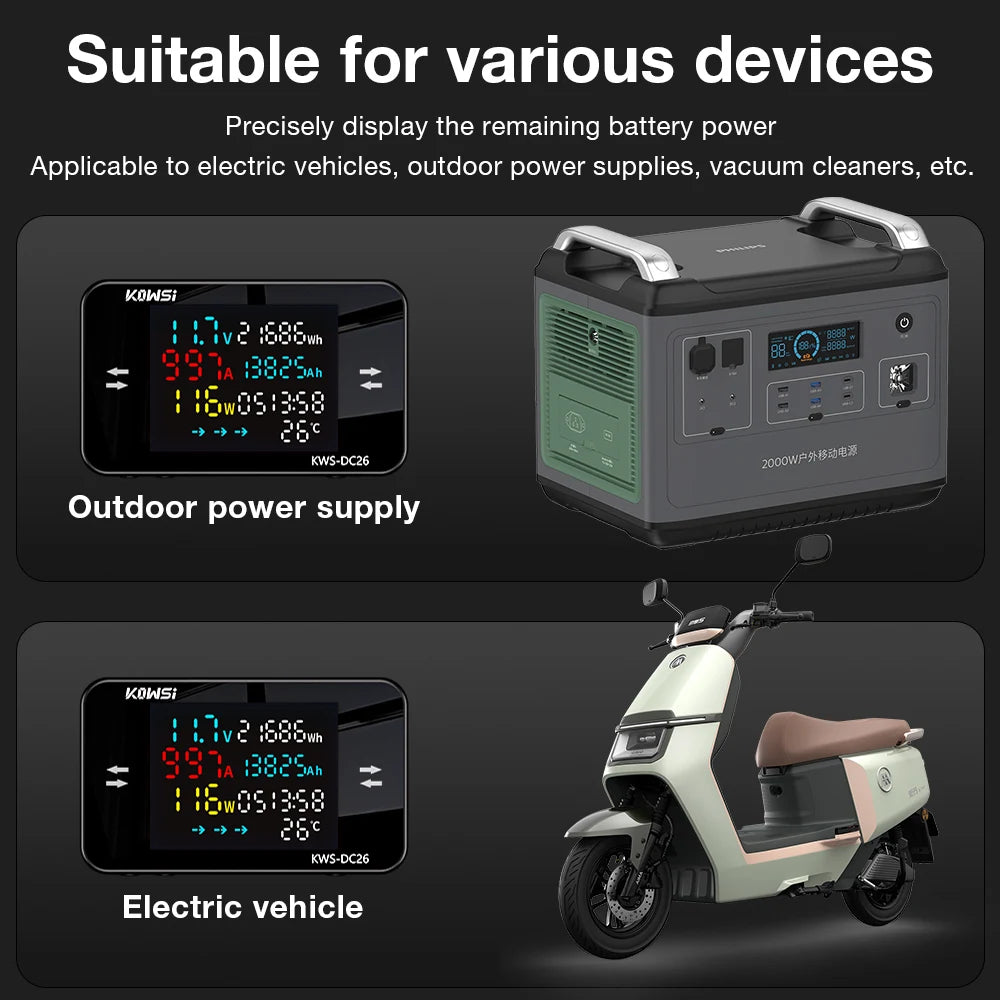 KWS-DC26 Digital Voltmeter Ammeter DC8-80V 0-20/50A Power Energy Meter with Color Screen for EV Battery Charging Detection