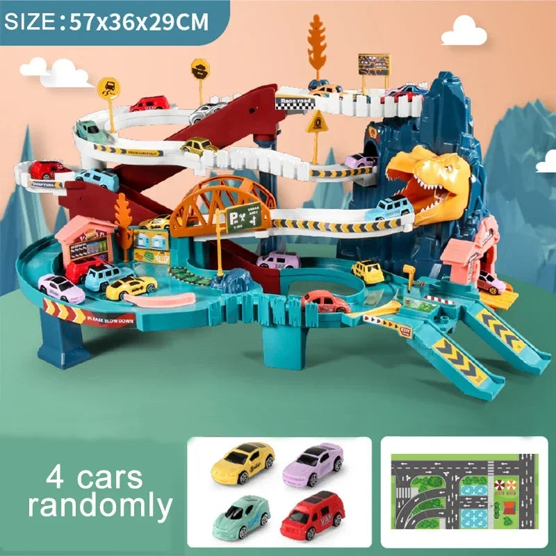 Electric Rail Car Dinosaur Building Parking Lot Adventure Racing Toy for Children