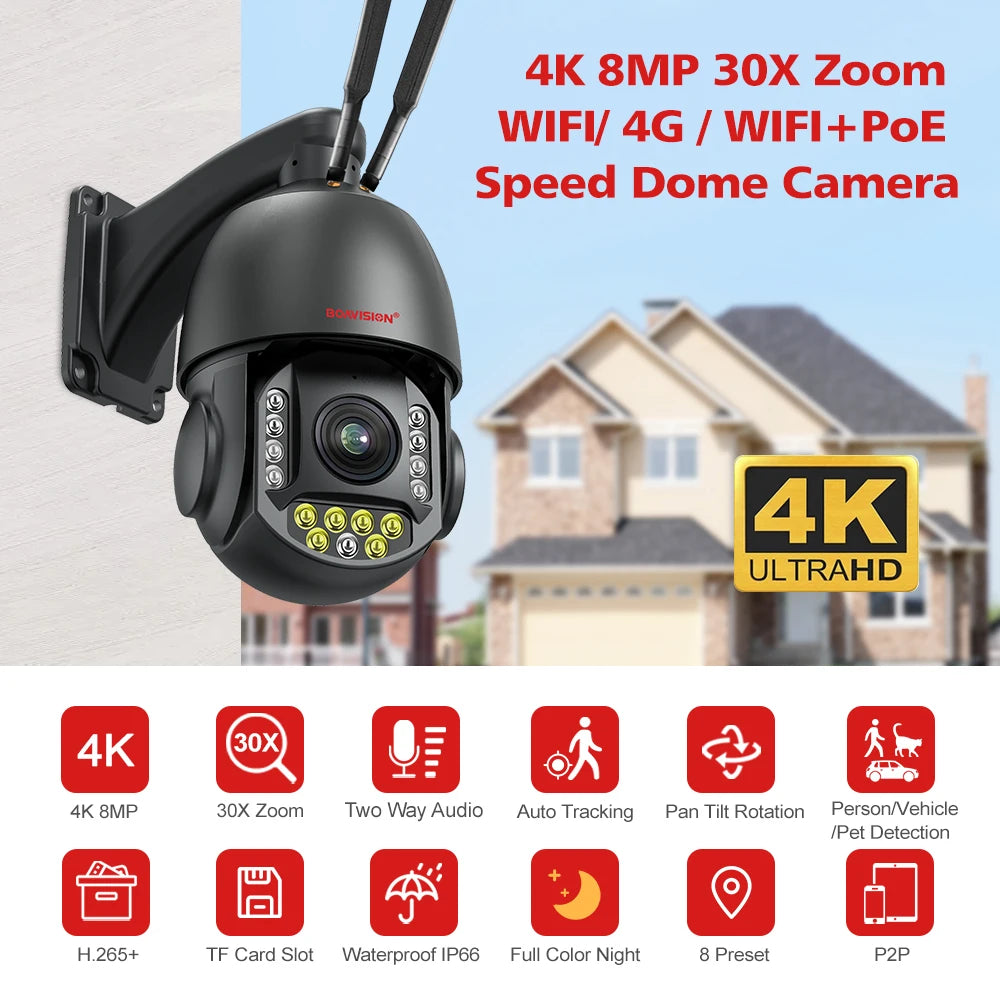 CowLost | 4k-8mp-surveillance-camera-wifi-4g-sim-card-poe-30x-zoom-ptz-ai-humanoid-tracking-ir-100m-outdoor-speed-dome-security-camera |7
