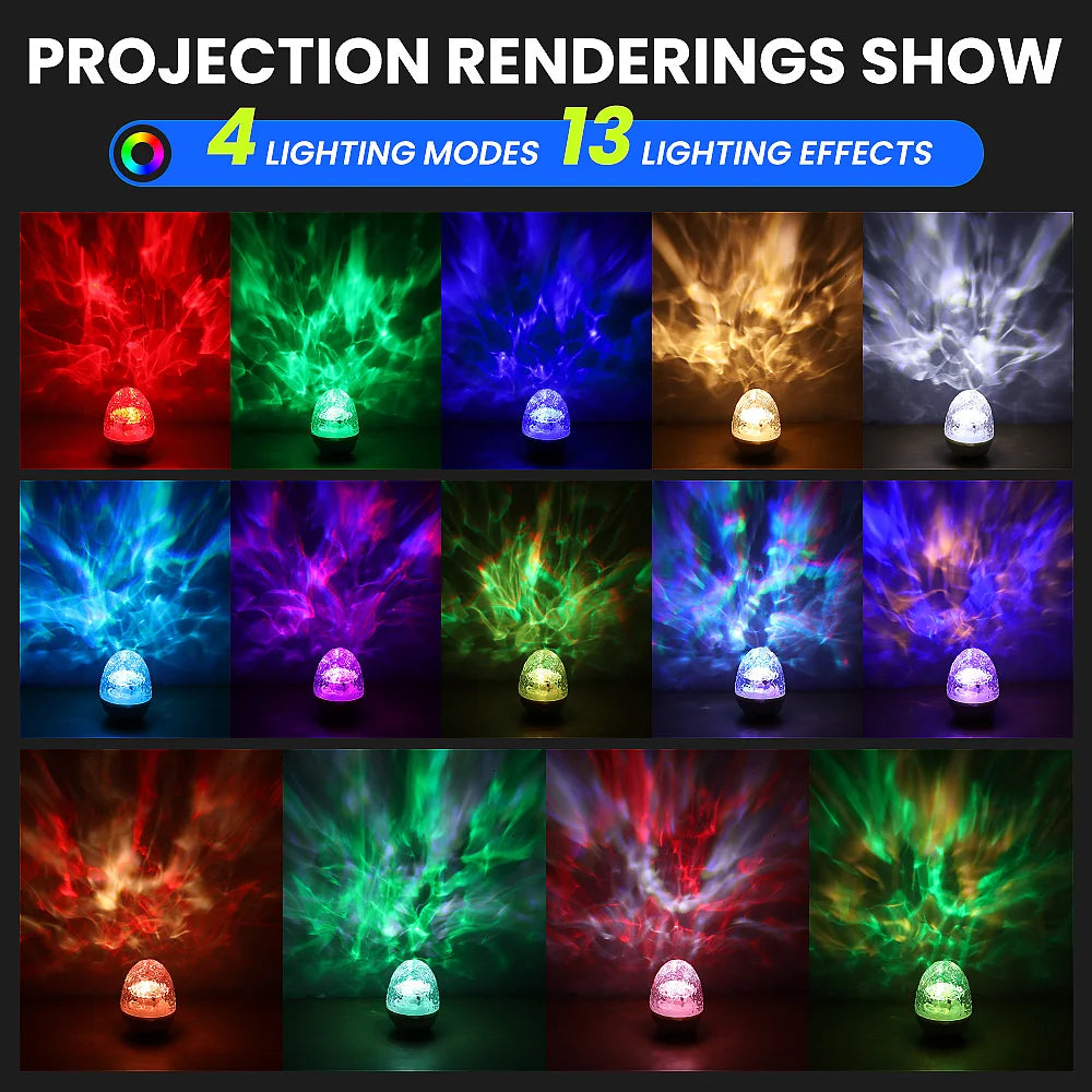 Aurora & Ocean Wave Projector Lamp with Remote, Music Speaker, RGB Effects, Rechargeable Night Light Gift