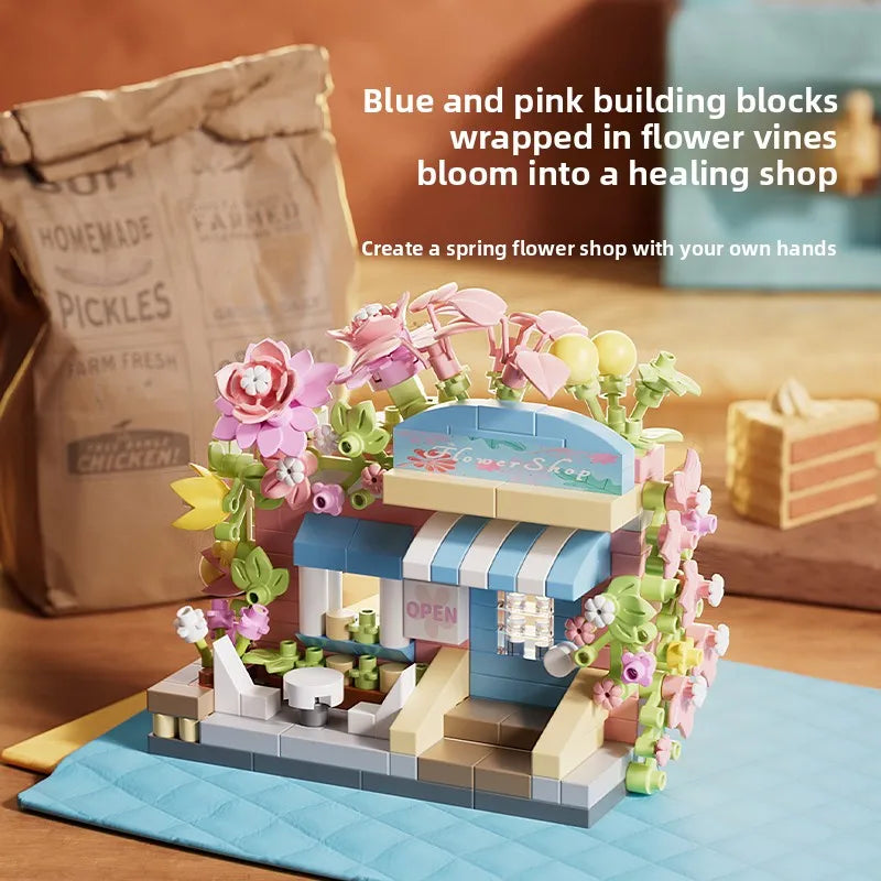 Mini City Street View Flower Shop Building Blocks Kit Educational Toy for Kids