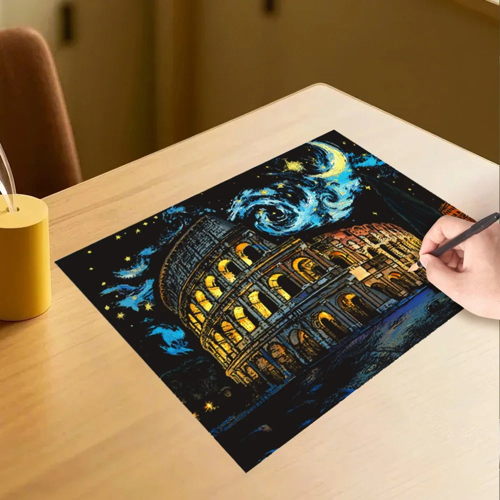 CowLost | product_id-4pcs-a3-diy-scratch-painting-set-colosseum-forbidden-city-cherry-blossom-castle-night-view |3