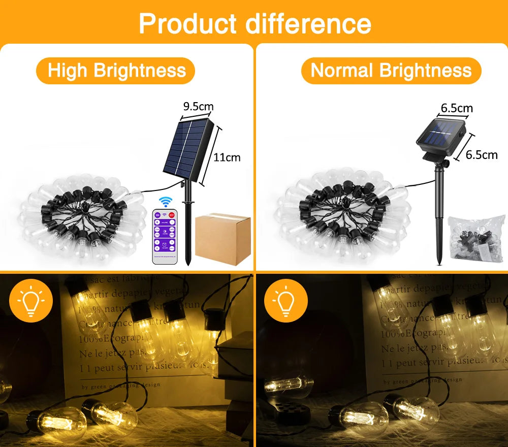 32FT S14 Solar Waterproof Outdoor String Lights with Remote, 8 Modes, Shatterproof Bulbs, High Brightness