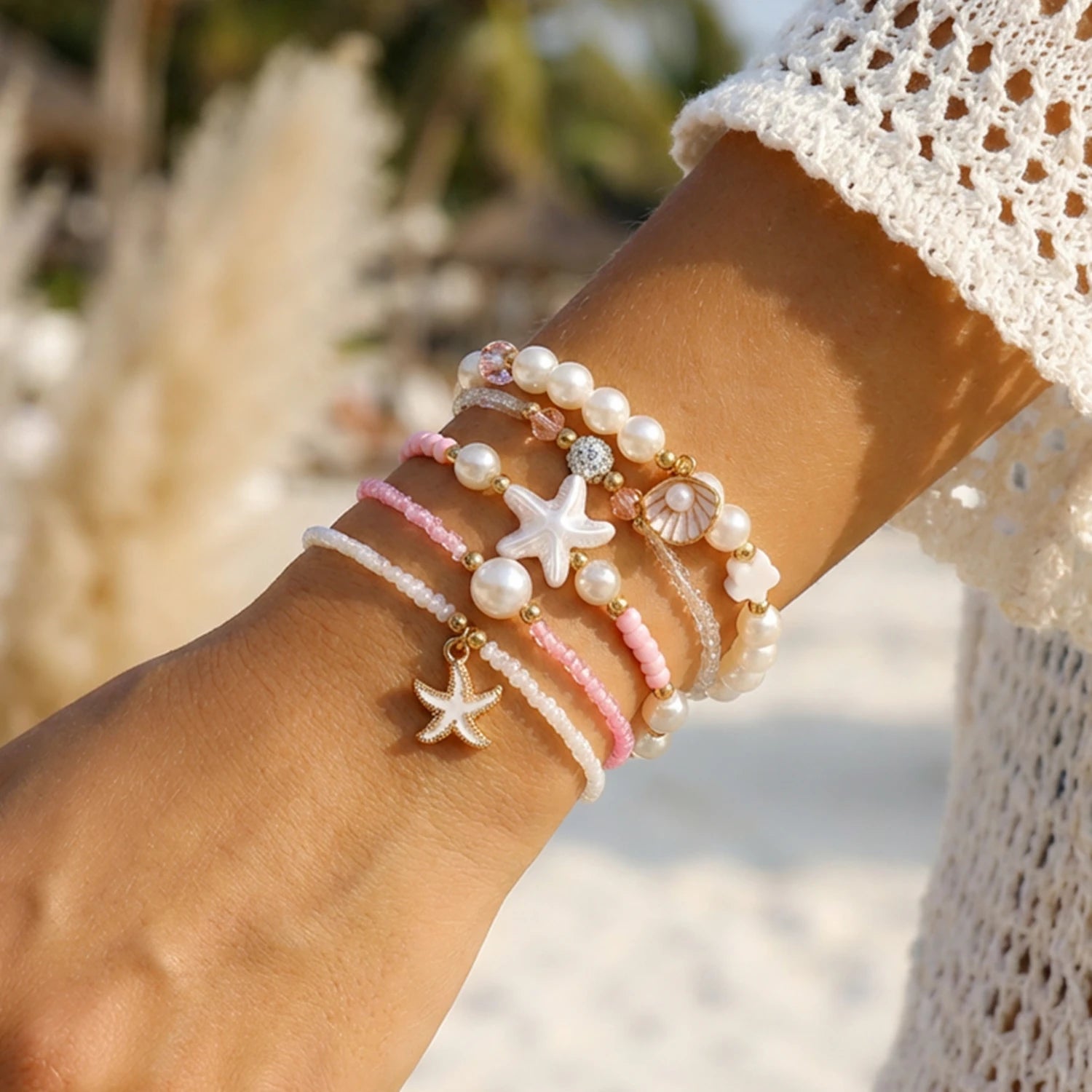 CowLost | 6-pcs-bohemian-shell-starfish-beaded-bracelet-set-for-women-fashion-multilayer-stacked-bracelets-summer-beach-party-jewelry-gift |10