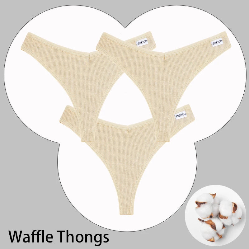 CowLost | activewear-pants-3pcs-cotton-waffle-women-s-sexy-thong-panties-set |43