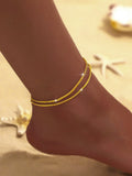 Silver Anklet Double Layer Zircon Cross Pearl Beach Jewelry for Women