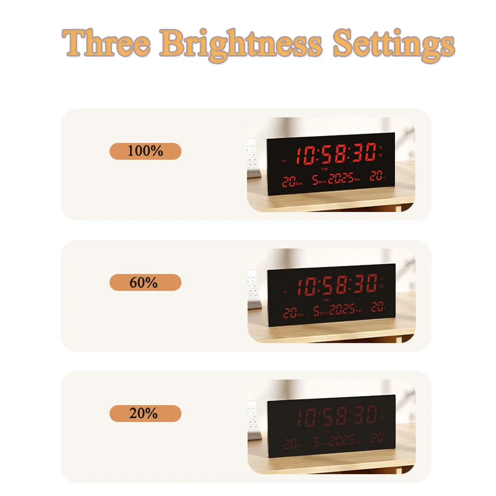 15 Inch Digital Wall Clock with Time, Date, Temperature, 3 Brightness Levels, 6 Alarms, Type-C Powered for Home Office