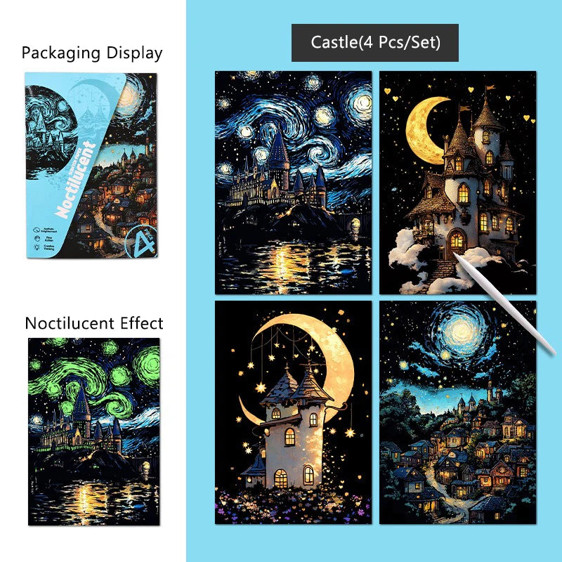 CowLost | product_id-4-pcs-a5-noctilucent-diy-scratch-painting-set-castle-landscape-animal-night-scenes |28