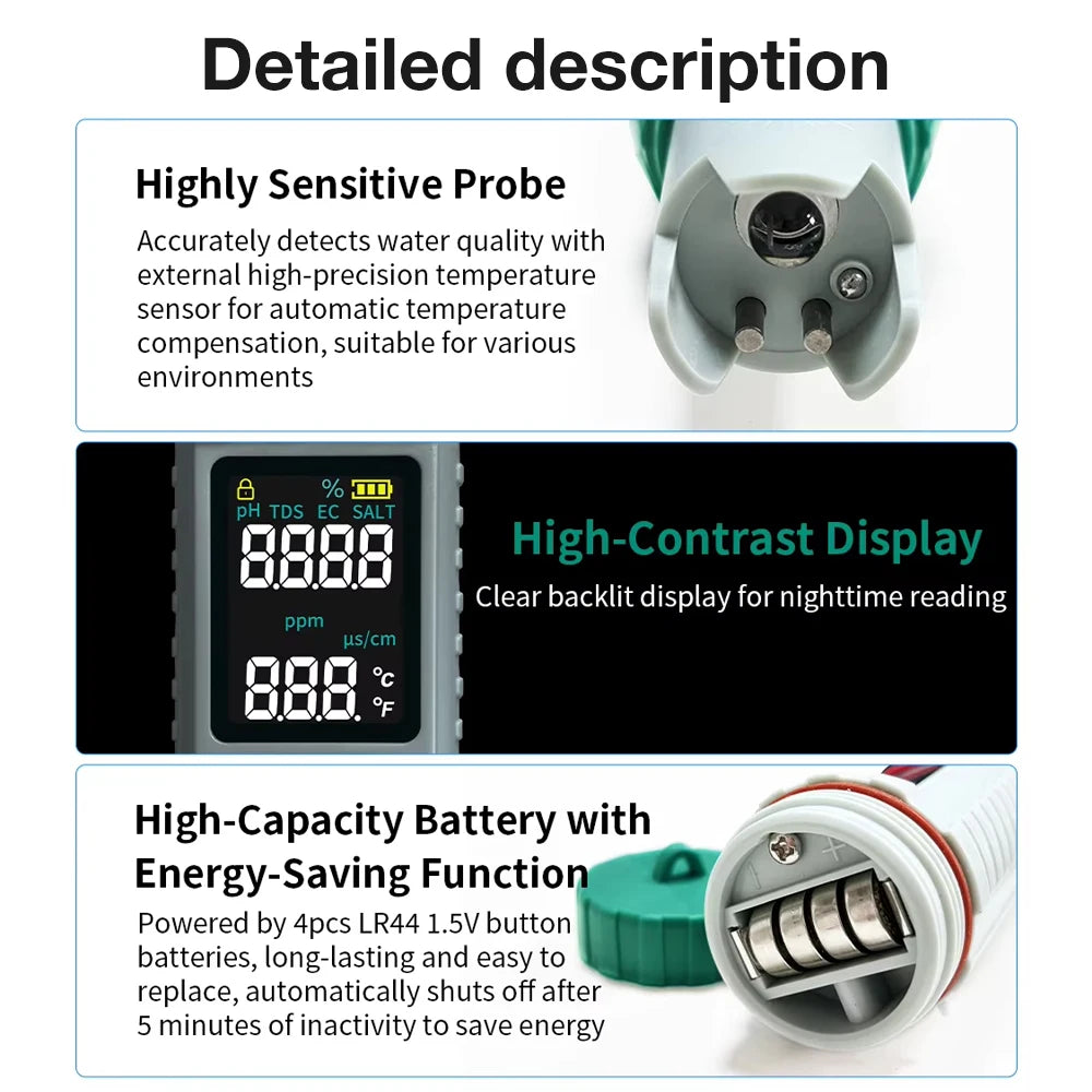 5-in-1 Digital Water Quality Tester PH/EC/TDS/Salt/Temp Meter Portable Test Pen for Pool Aquarium