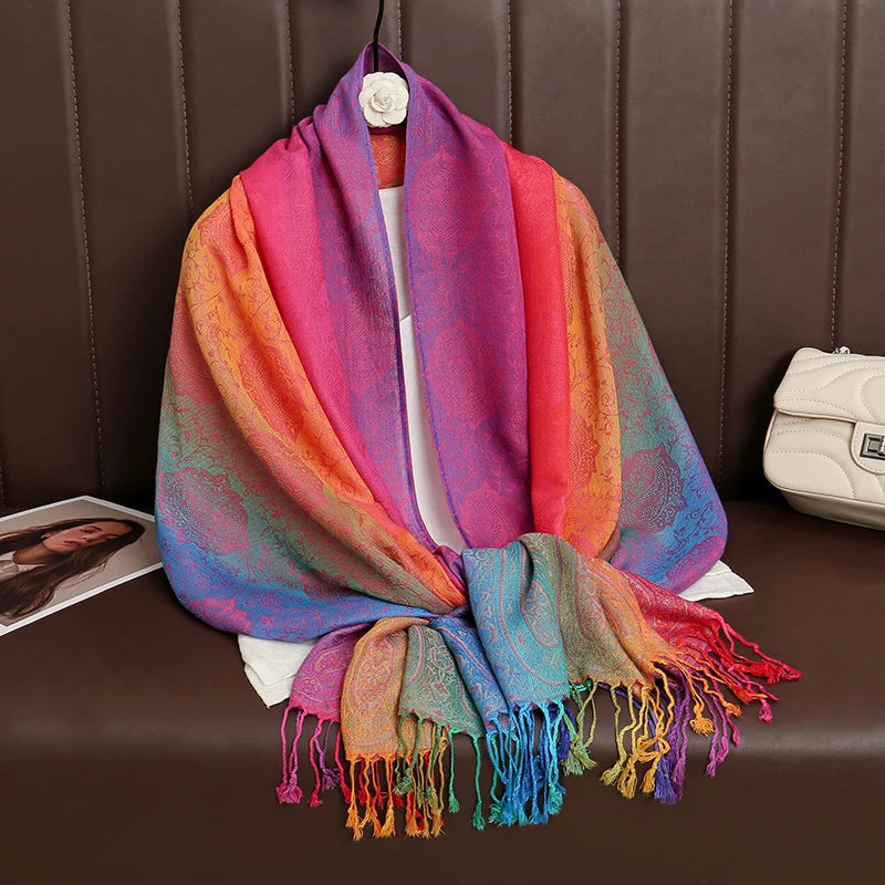 CowLost | rainbow-colors-winter-warm-thick-ethnic-style-jacquard-scarf |12