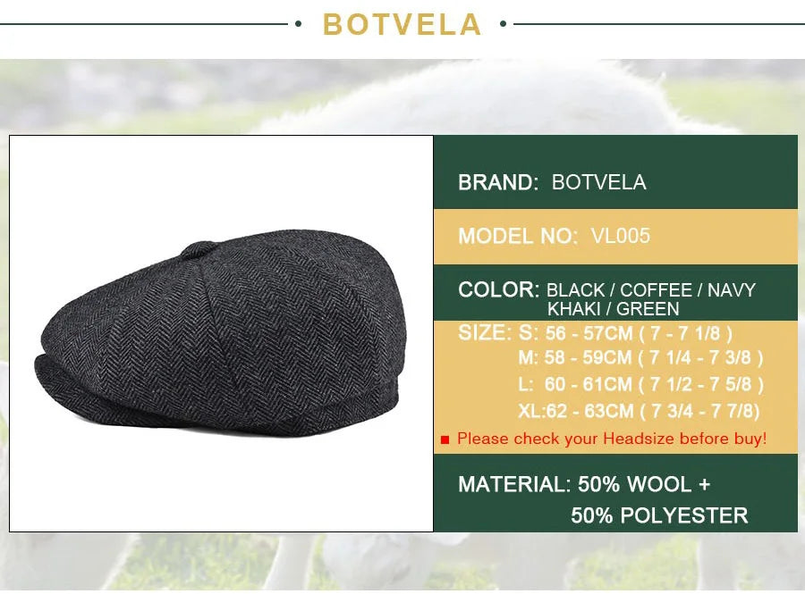 CowLost | botvela-wool-tweed-newsboy-cap-herringbone |8