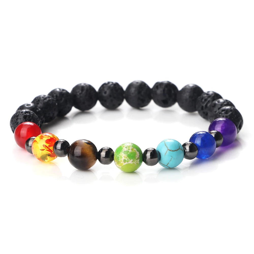 CowLost | badge-pass-holders-mens-natural-volcanic-rock-7-chakra-healing-bracelet |10