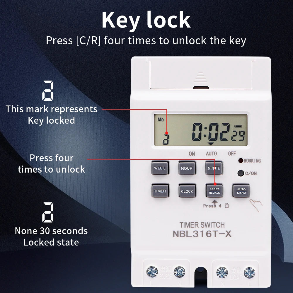 Digital 7-Day Programmable Timer Relay 220V 25/30A with Power Outage Memory