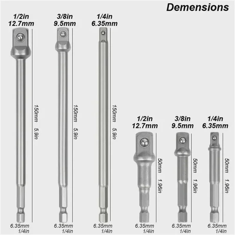 CowLost | 6pcs-set-1-23-81-4-hexagonal-handle-shank-adapter-sleeve-connection-conversion-rod-square-head-socket-extension-rod |6