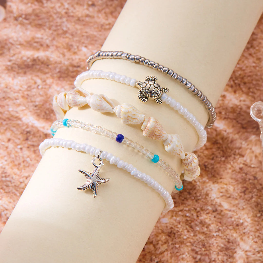 CowLost | 3-pcs-bohemian-starfish-shell-bracelet-for-women-girls-turtle-conch-rice-bead-chain-bangle-summer-beach-party-friendship-jewelry |5