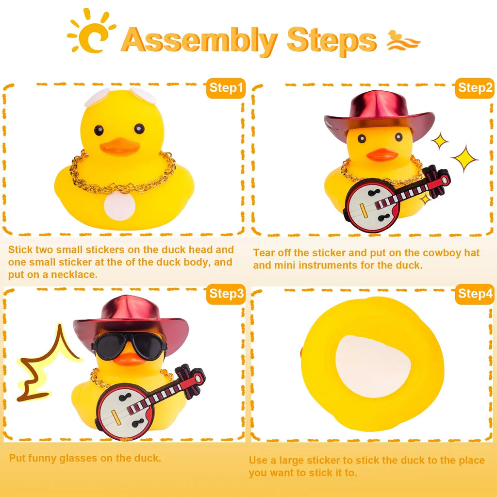 CowLost | product_id-yellow-rubber-duck-car-dashboard-decoration-with-cowboy-hat-necklace-sunglasses-and-mini-musical-instrument |4