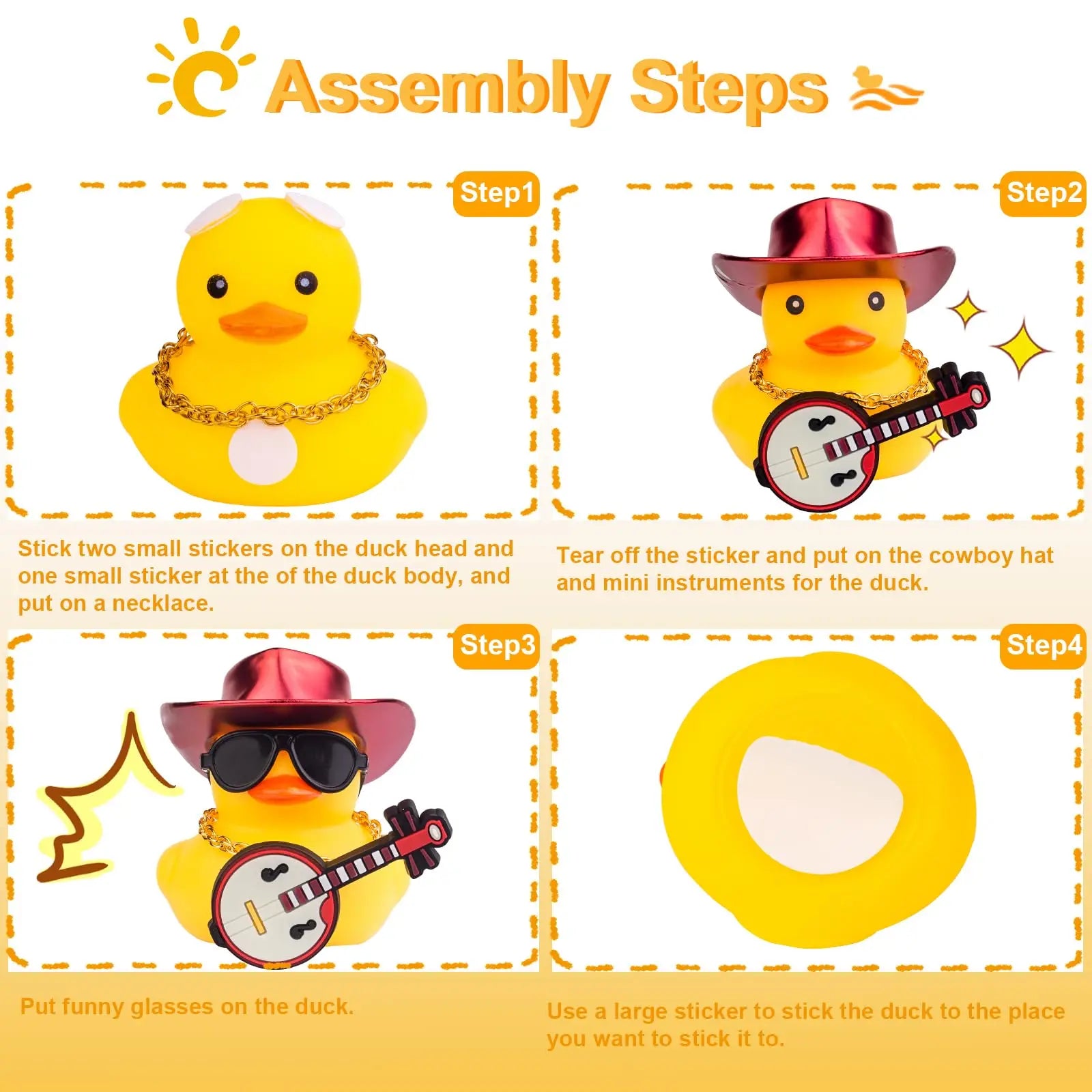 CowLost | product_id-yellow-rubber-duck-car-dashboard-decoration-with-cowboy-hat-necklace-sunglasses-and-mini-musical-instrument |4