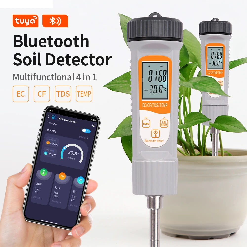 JUANJUAN Tuya Bluetooth 4-in-1 Soil Tester EC TDS CF Temp Digital Soil Nutrient Analyzer for Hydroponics Garden