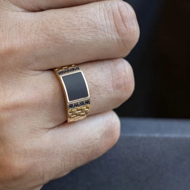 Gold Plated Stainless Steel Men's Black Diamond Drip Oil Ring, Sizes 7-13 Wholesale