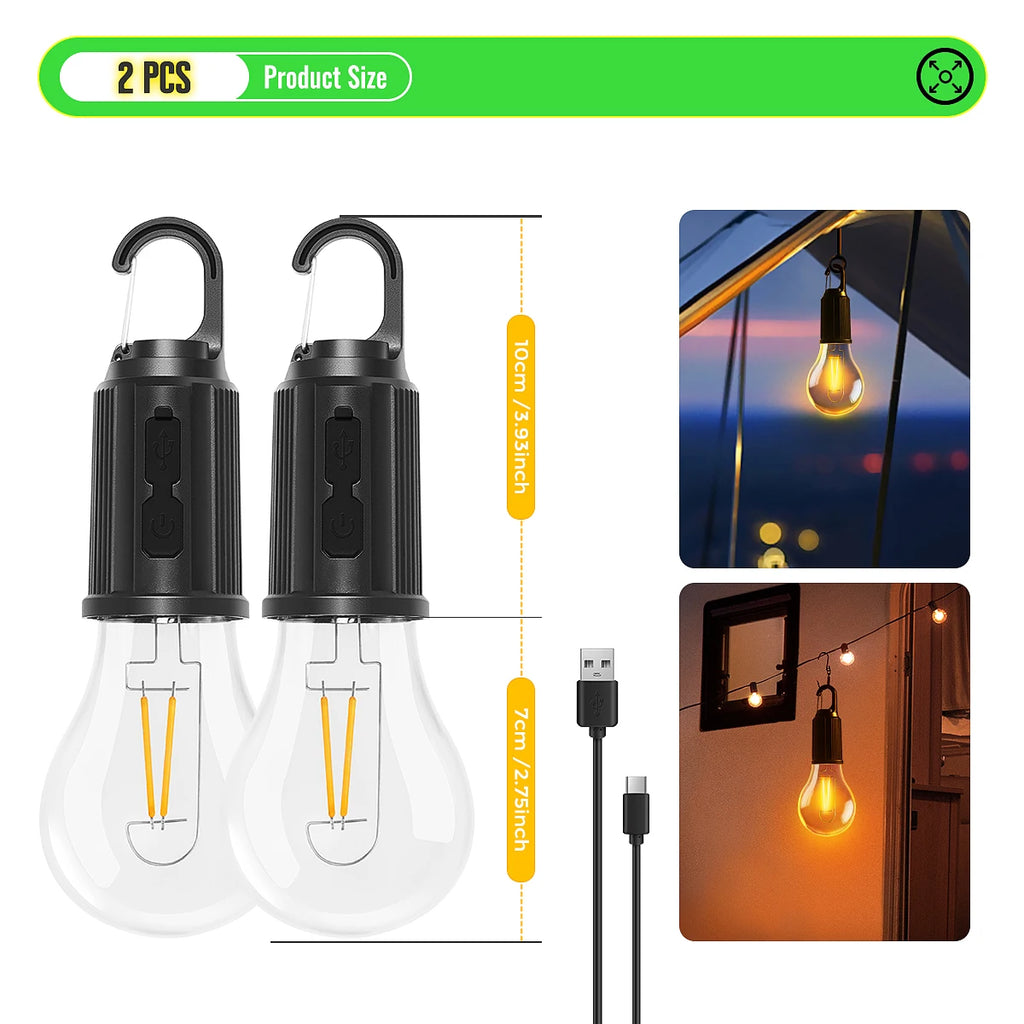 Camping Rechargeable Waterproof LED Tent Lights with Hook, 1/2/4pcs, 3 Modes for Hiking & Backpacking