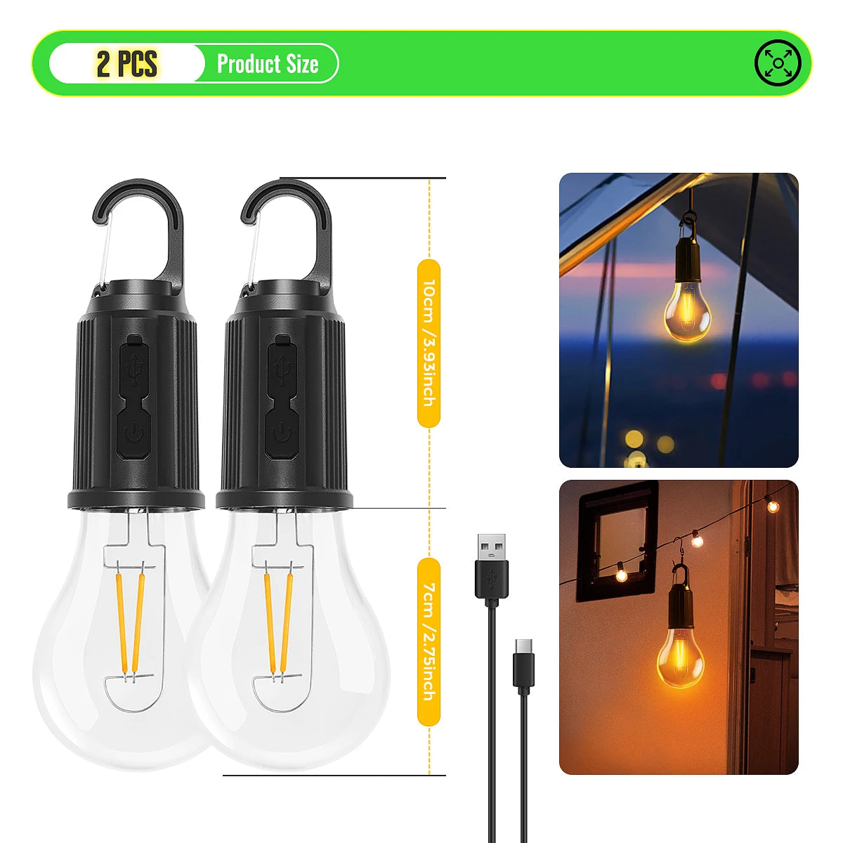 Camping Rechargeable Waterproof LED Tent Lights with Hook, 1/2/4pcs, 3 Modes for Hiking & Backpacking