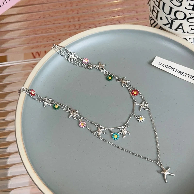 CowLost | bohemia-double-layer-daisy-clavicle-chain-necklace-for-women-colorful-flower-starfish-pendant-metal-chain-choker-party-jewelry |5
