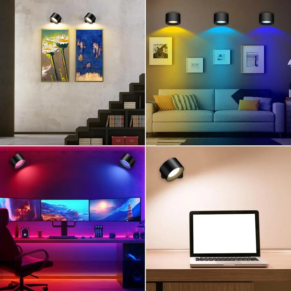 RGB Wall Lights with Remote, 19 Colors, 360° Rotation, 2000mAh Battery, Dimmable Touch Control for Bedroom