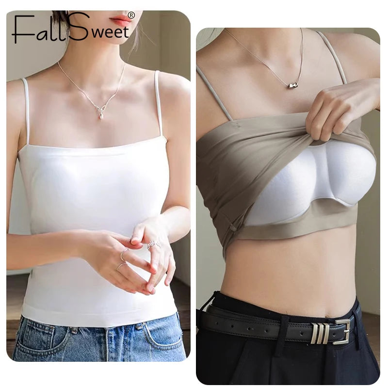CowLost | fallsweet-womens-spaghetti-straps-sleeveless-camisoles-ice-silk-traceless-vest-integrated-fixed-cup-female-short-tops-vests |5