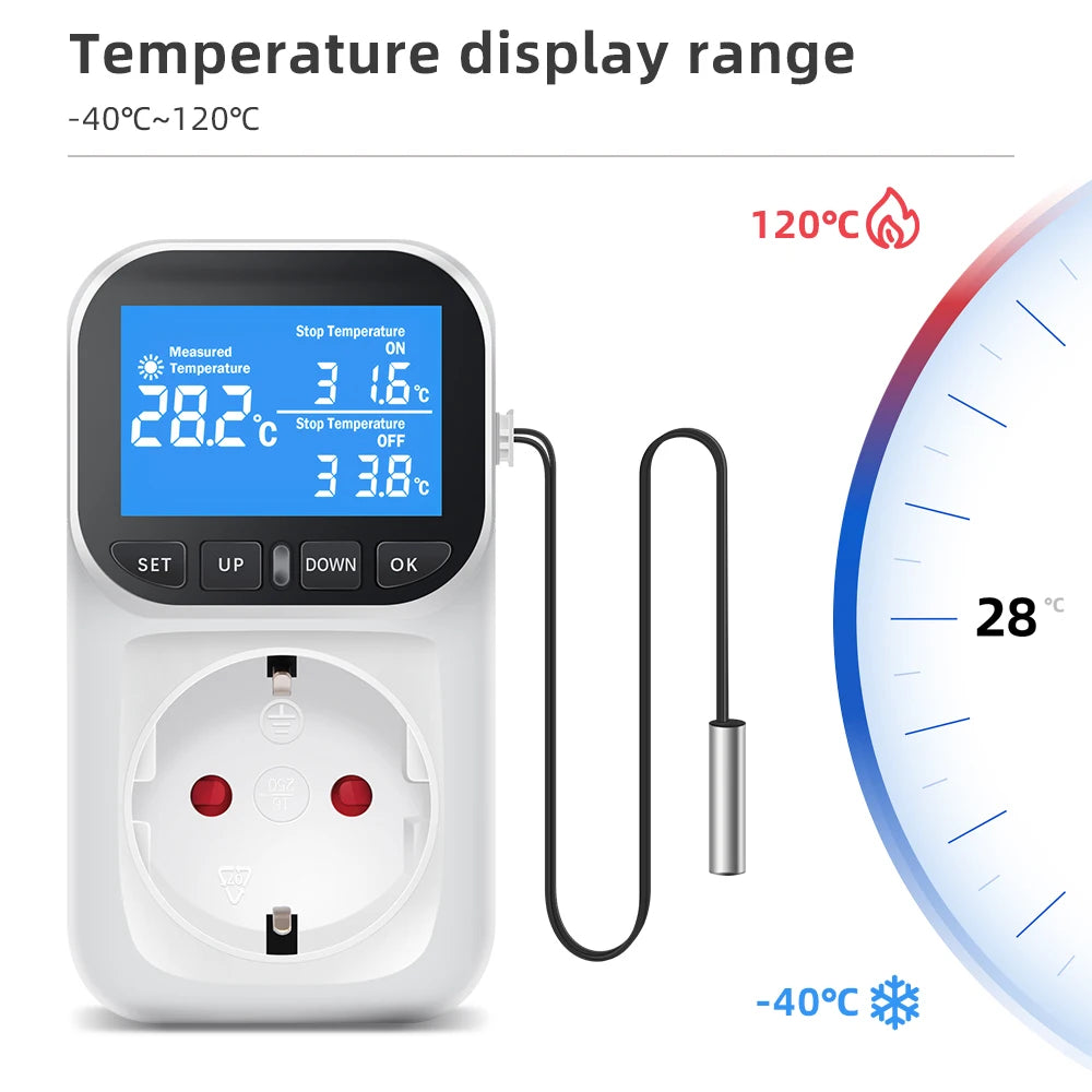 220V EU Plug Digital Temperature Controller Socket with LCD Timer Switch and Sensor