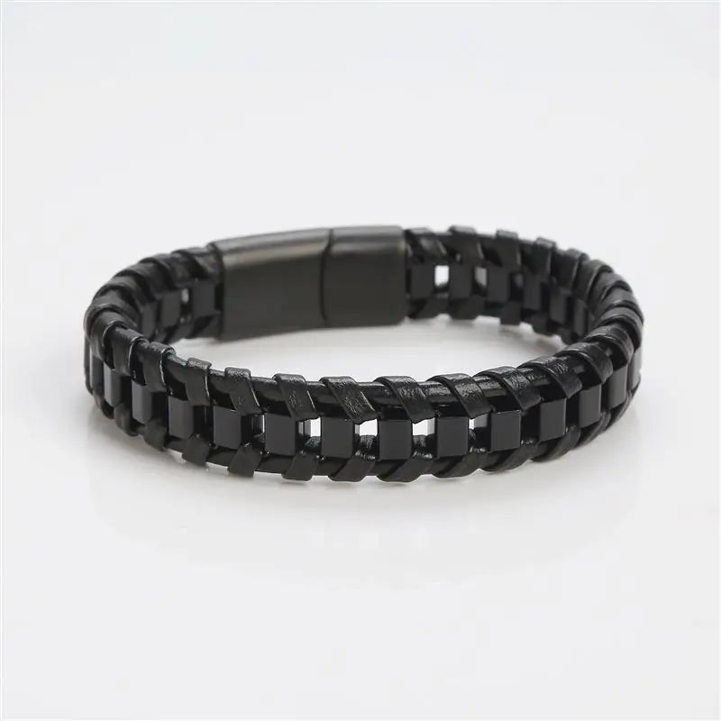 CowLost | badge-pass-holders-mens-classic-hand-woven-stainless-steel-leather-braided-bracelet |21
